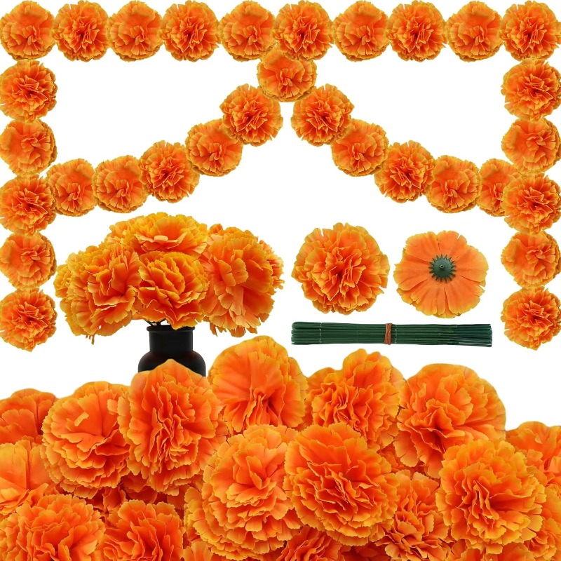 Indian Wedding Decor Supply - 10-30개 실크 카네이션 메리골드 꽃송이, 할로윈,