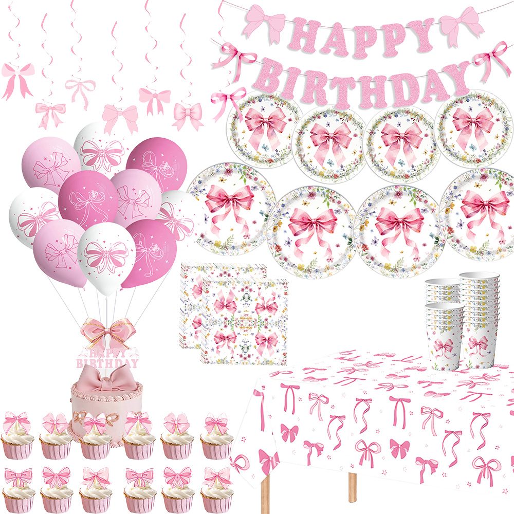 Confetti Balloon Set - 핑크 리본 소녀 생일 장식 접시