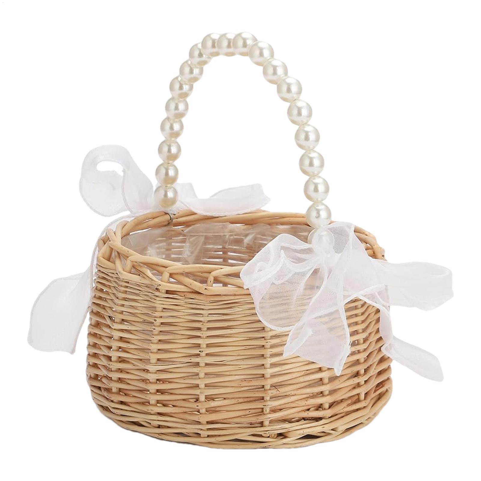 진주 손잡이와 리본이 달린 한 개의 위커 라탄 꽃바구니 - Wedding Hampers 리뷰 및 가격